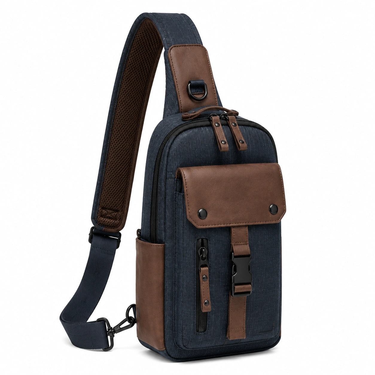 Zaino monospalla 18 x 9 x 32 cm in tessuto blu navy e similpelle marrone con tasche e tracolla regolabile