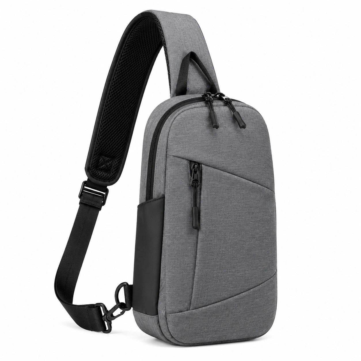 Zaino monospalla 20 x 9 x 35 cm in tessuto grigio con tracolla imbottita e tasche con zip