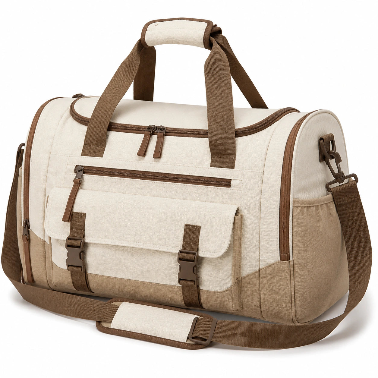 Borsa da viaggio 50 x 25 x 30 cm in tessuto beige e marrone con tracolla regolabile stile sportivo