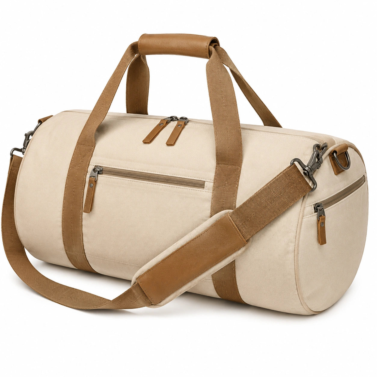Borsone da viaggio 50 x 25 x 25 cm in tela beige e marrone con tracolla regolabile