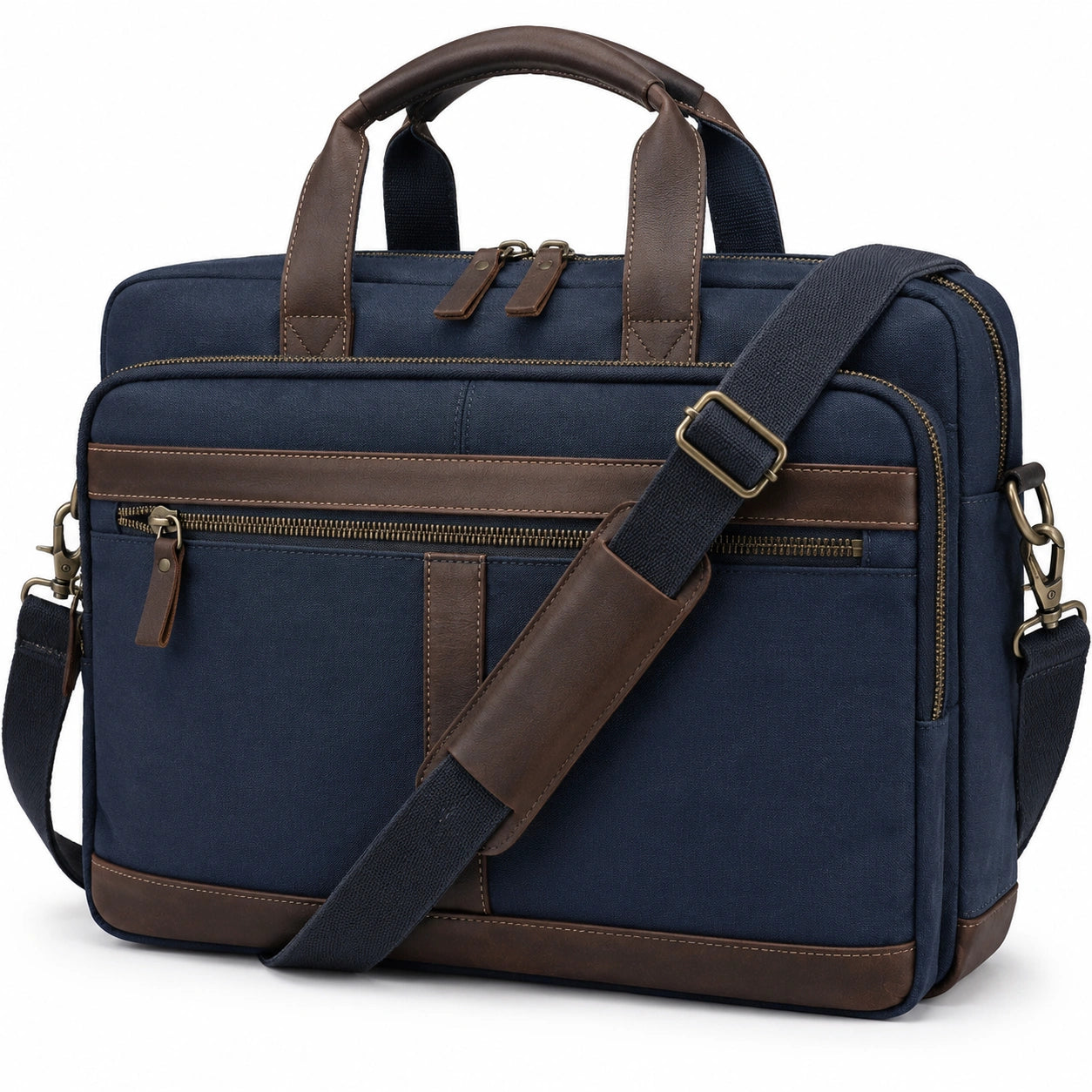 Borsa portadocumenti 42 x 12 x 32 cm in tessuto blu navy e marrone con tracolla regolabile