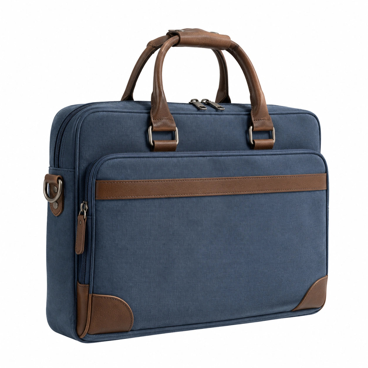 Borsa portadocumenti 40 x 10 x 30 cm in tessuto blu con similpelle marrone - stile business con tasca frontale