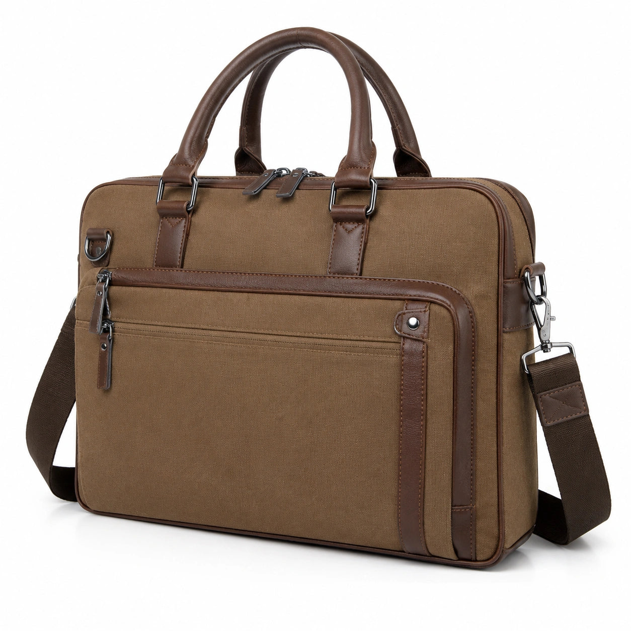 Borsa portadocumenti 40x10x30 cm in tessuto marrone con finiture effetto pelle e tracolla removibile