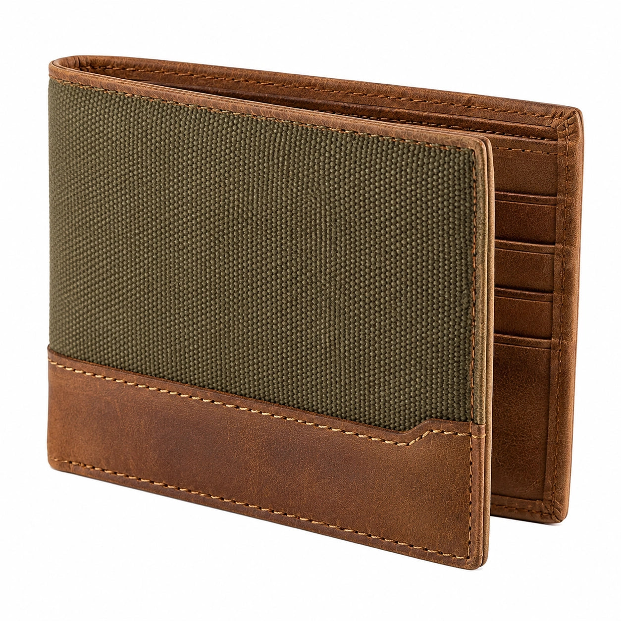 Portafoglio bifold 11.5 x 9.5 x 1.5 cm in tessuto e effetto pelle marrone verde oliva con portacarte