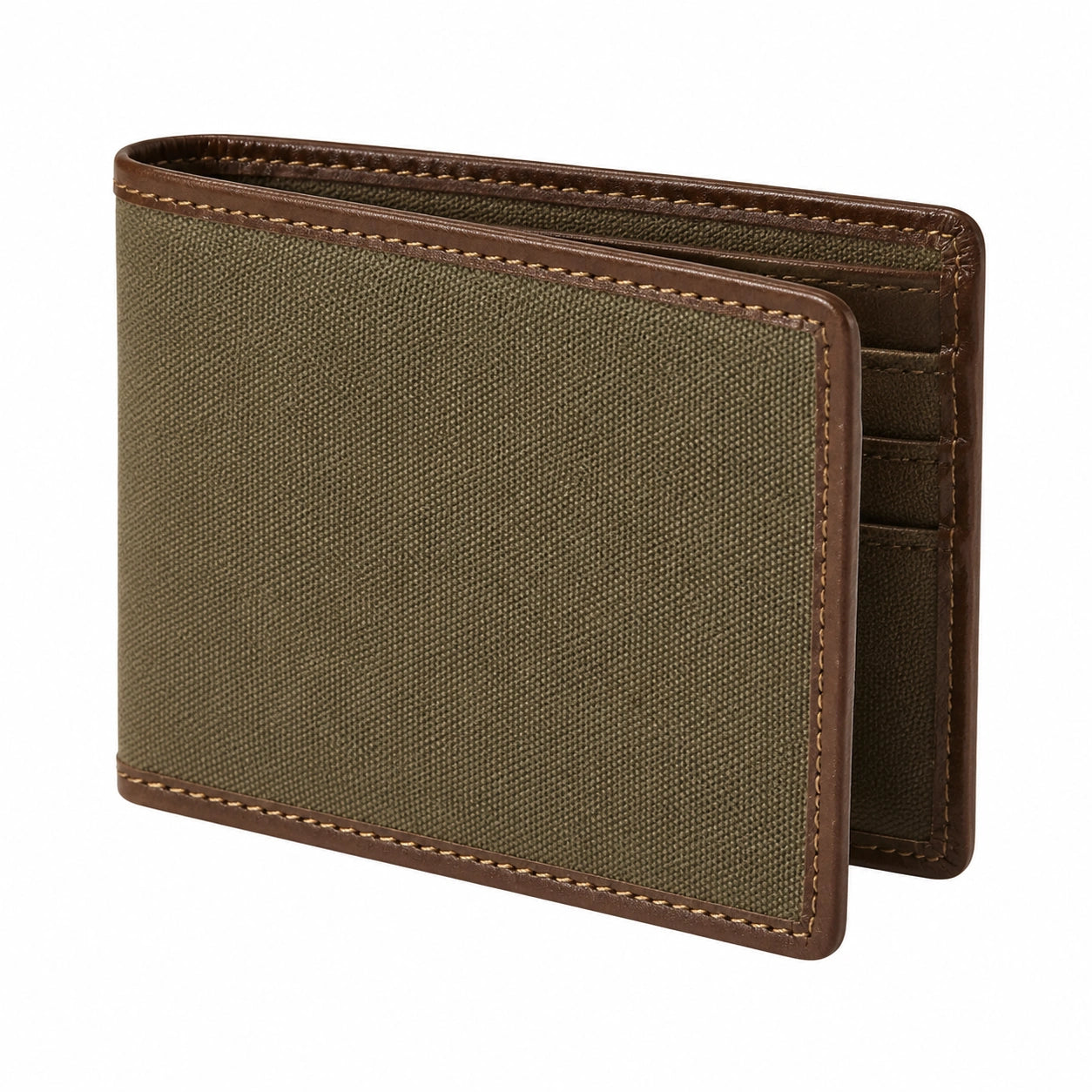 Portafoglio bifold 11.5 x 9 cm in tessuto verde oliva e finiture in pelle marrone