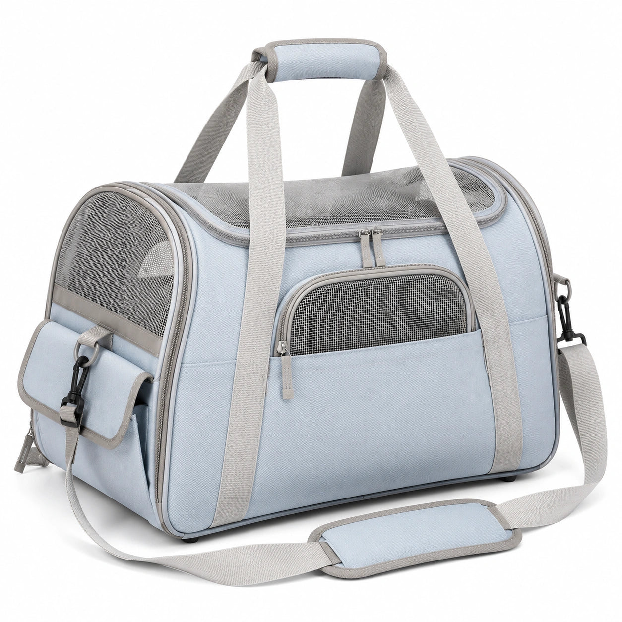 Borsa trasportino per animali 45 x 28 x 30 cm in tessuto azzurro con rete traspirante e tracolla