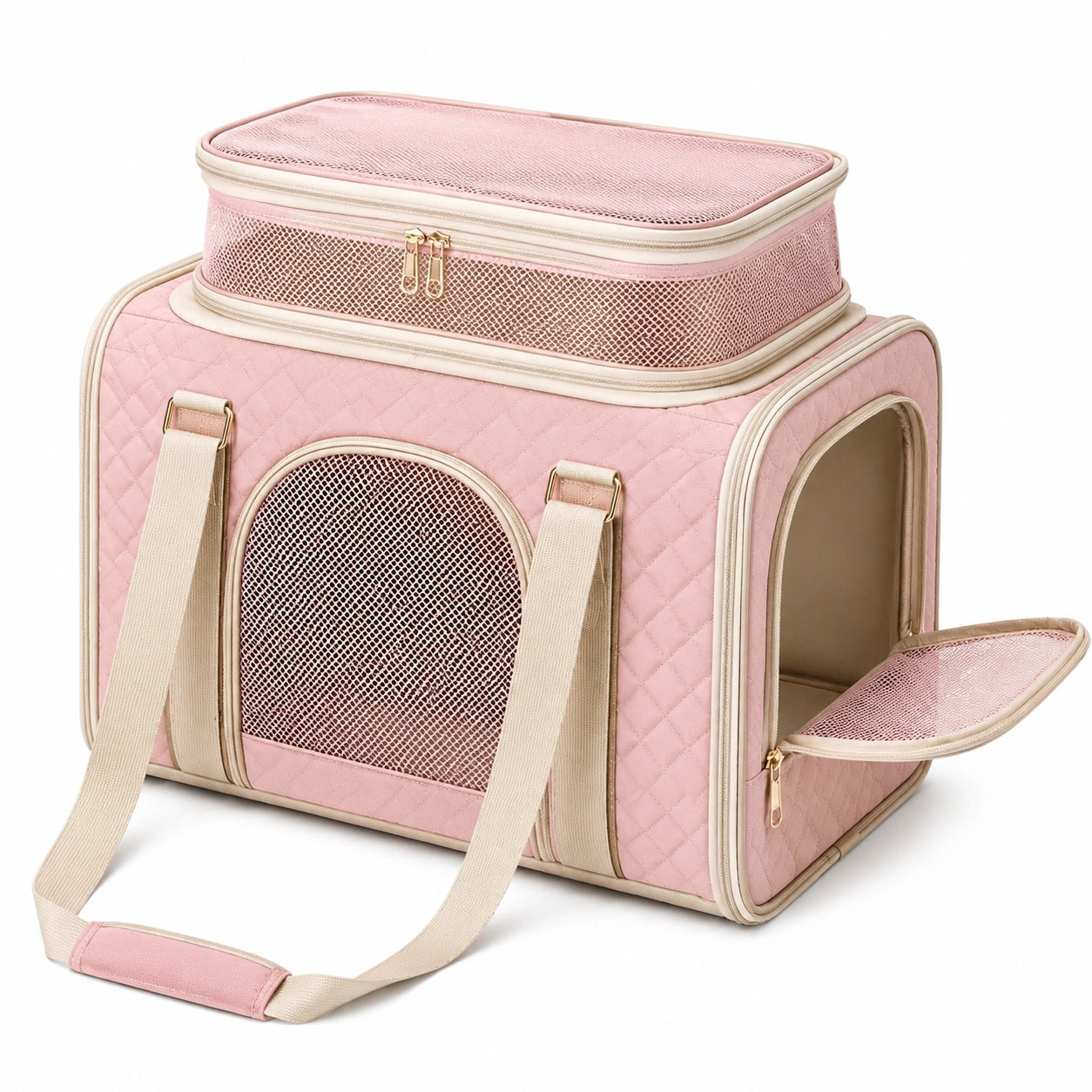 Zaino trasportino per animali 42 x 28 x 38 cm rosa in tessuto trapuntato con rete ventilata