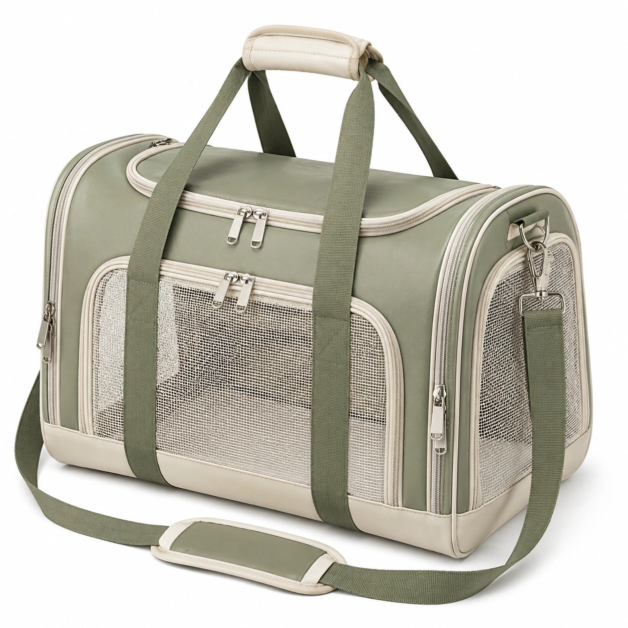 Borsa trasportino per animali 45 x 28 x 30 cm in similpelle verde con pannelli in rete e tracolla