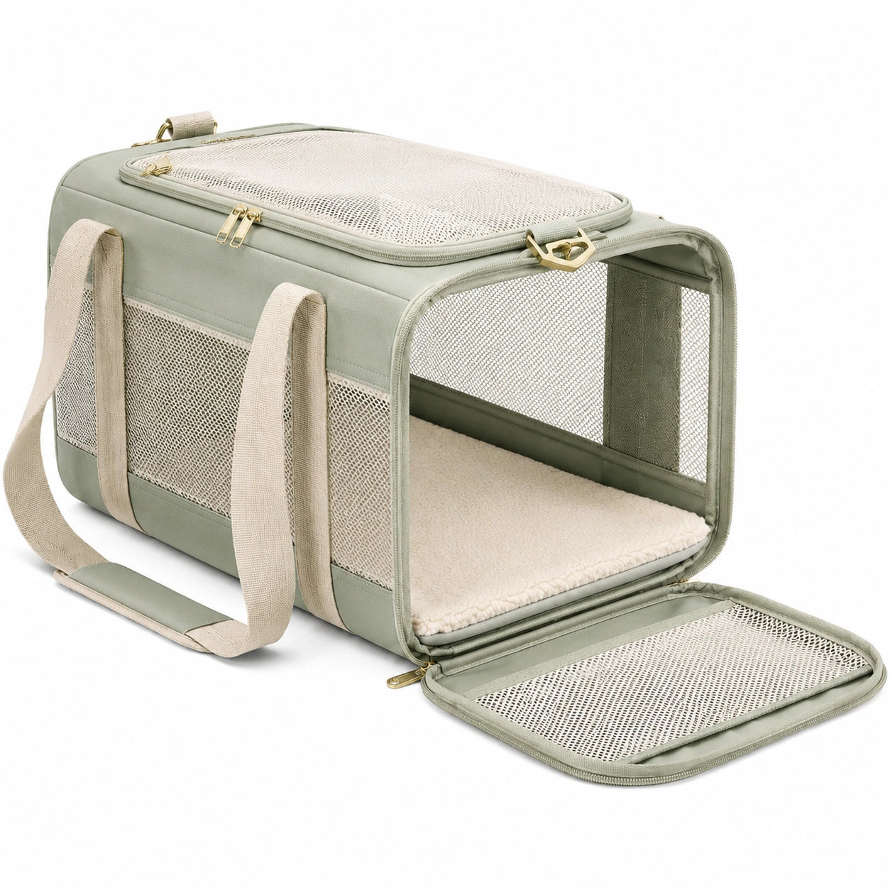 Trasportino per animali 45 x 28 x 28 cm in tessuto verde salvia con rete traspirante e tracolla