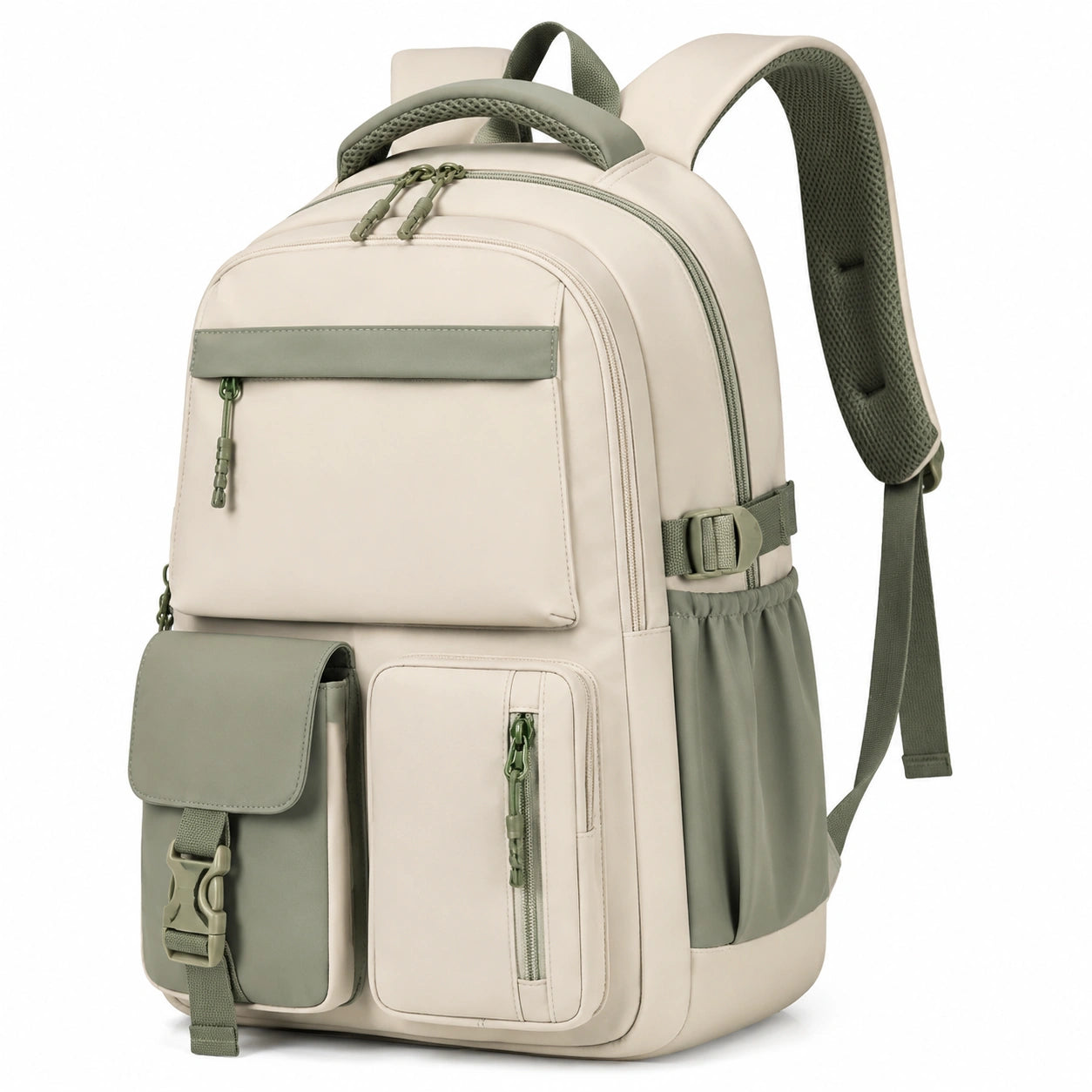 Zaino 30 x 18 x 45 cm in tessuto beige e verde salvia con tasche multiple stile urbano