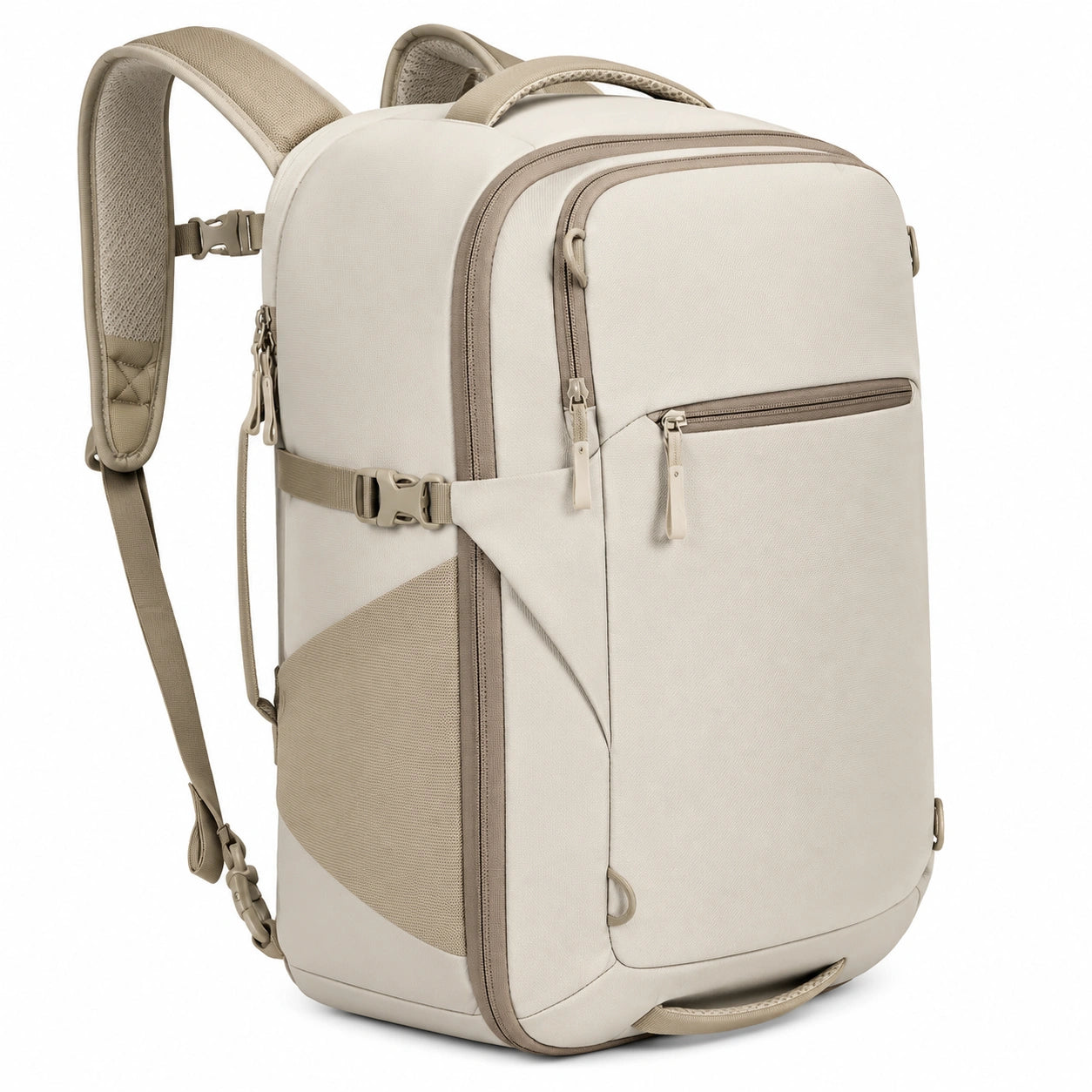 Zaino da viaggio 32 x 20 x 48 cm in poliestere beige con tasche e cinghie di compressione