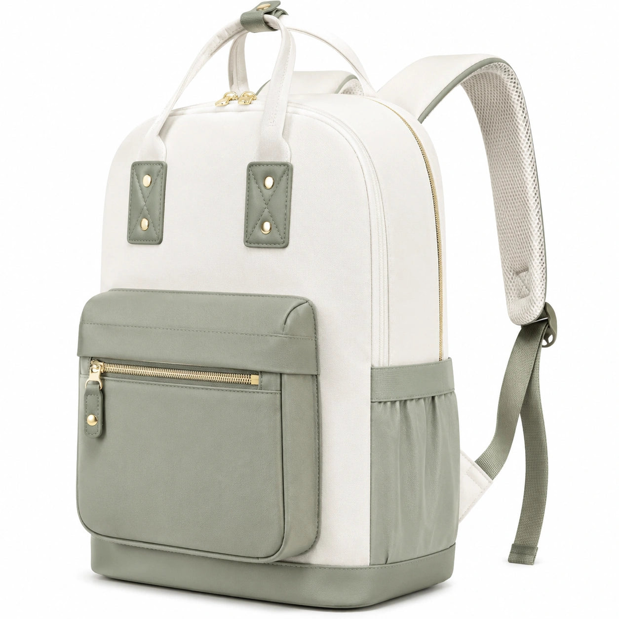 Zaino 30 x 15 x 40 cm in tessuto bianco e verde salvia con tasca frontale e spallacci imbottiti